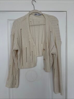 Zara Cream Ribbed Cropped Button Cardigan